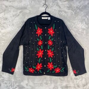 Victoria Jones‎ Black Poinsettia Beaded Knit Cardigan Sweater Women's Large